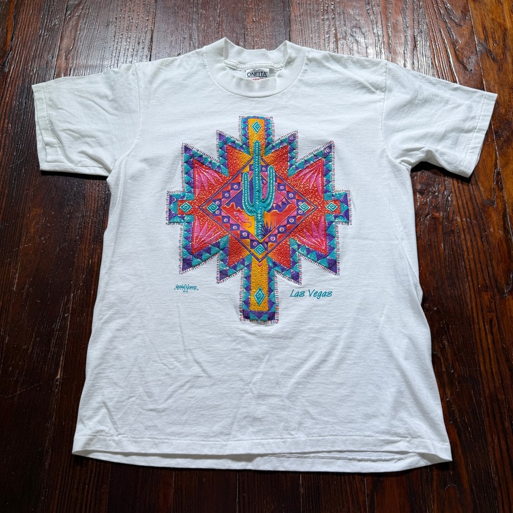 Vintage‎ 1992 Las Vegas Shirt Mens L Aztec Oneita Nathan Richards Puff Print 90s